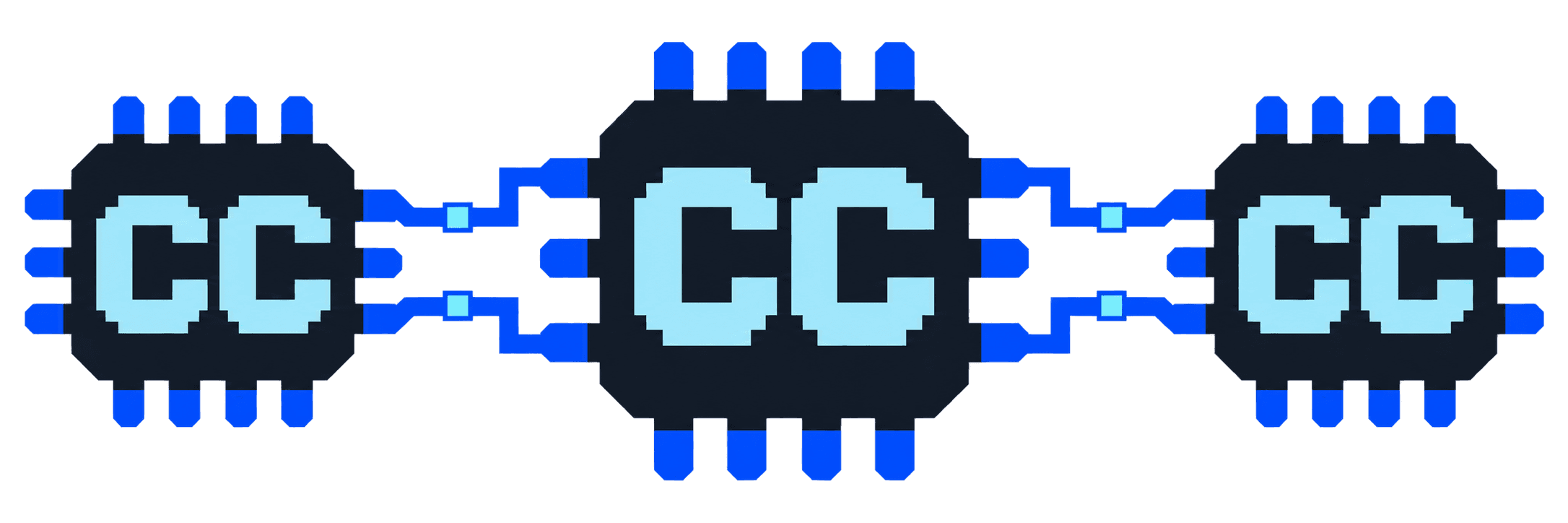 Three pixel-style CC compute chips connected by stepped circuit paths